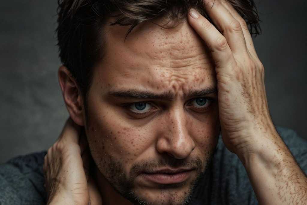 Man Burnt Out, Exhausted with Overwhelm Image of a man slouched with his head in his hands, looking drained and fatigued—representing burnout and emotional overwhelm.