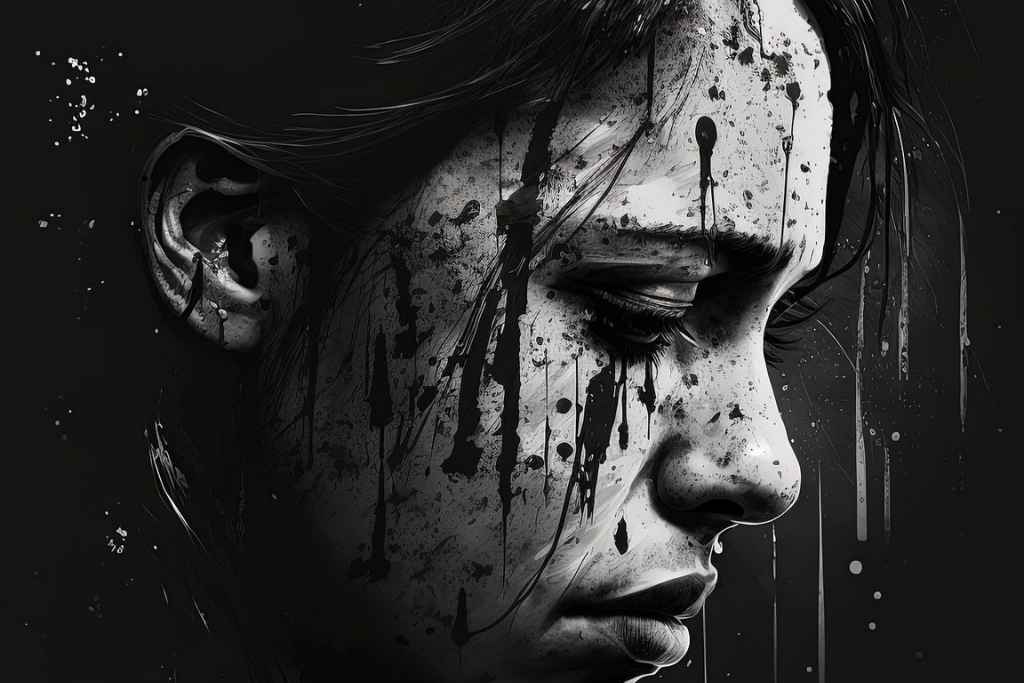 Artistic image of a woman with black tears painted on her face, symbolising deep sadness, emotional pain, and the heaviness of depression.