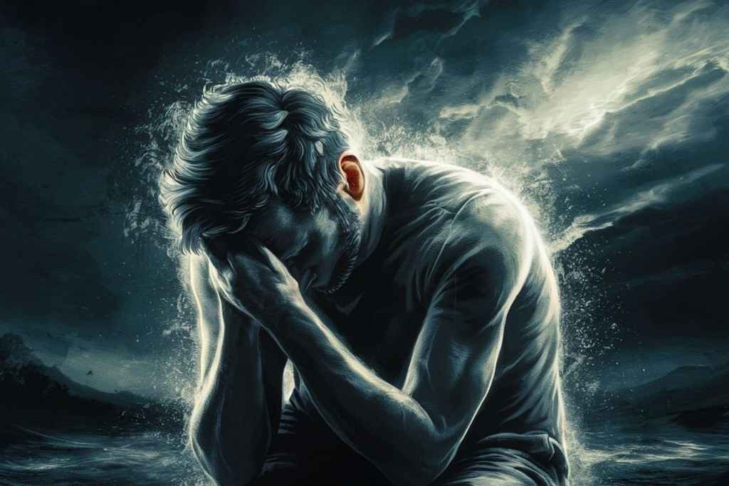 Image of a man sitting alone, head in hands or looking down, visibly emotional—representing the weight of grief and personal loss.