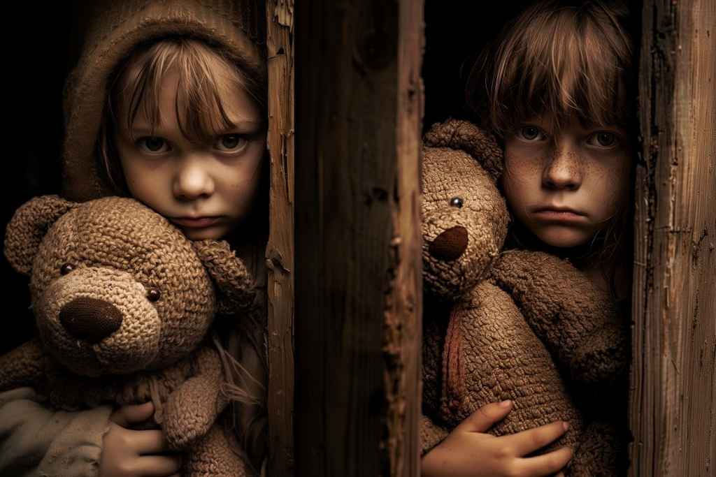 Two frightened children clutching teddy bears, peering out from the shadows with hopeful eyes, symbolising the wounded inner child longing for safety, comfort, and connection.