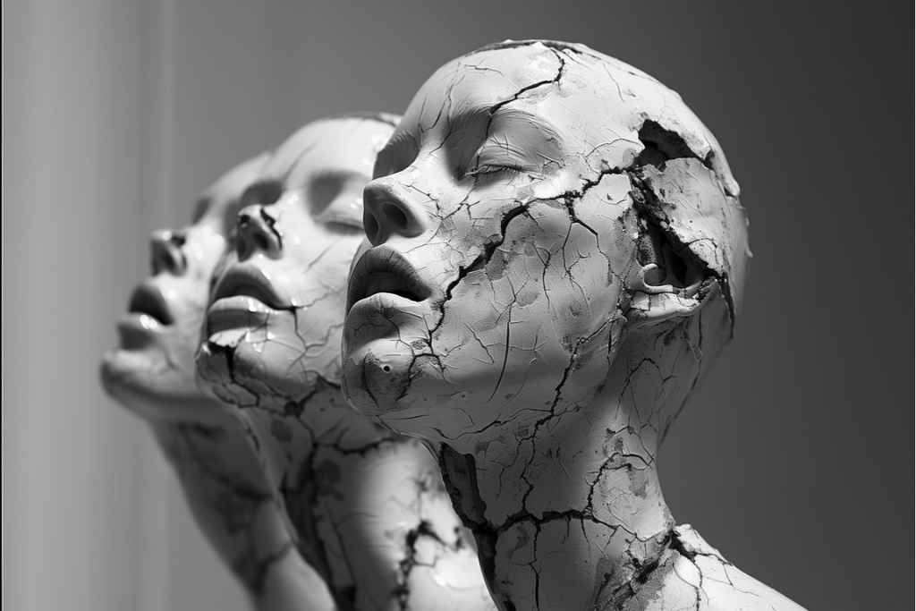 People pleasing leading to cracks in identity Illustration symbolising a person with visible cracks or fractures, representing the emotional toll of chronic people pleasing and loss of self-identity.