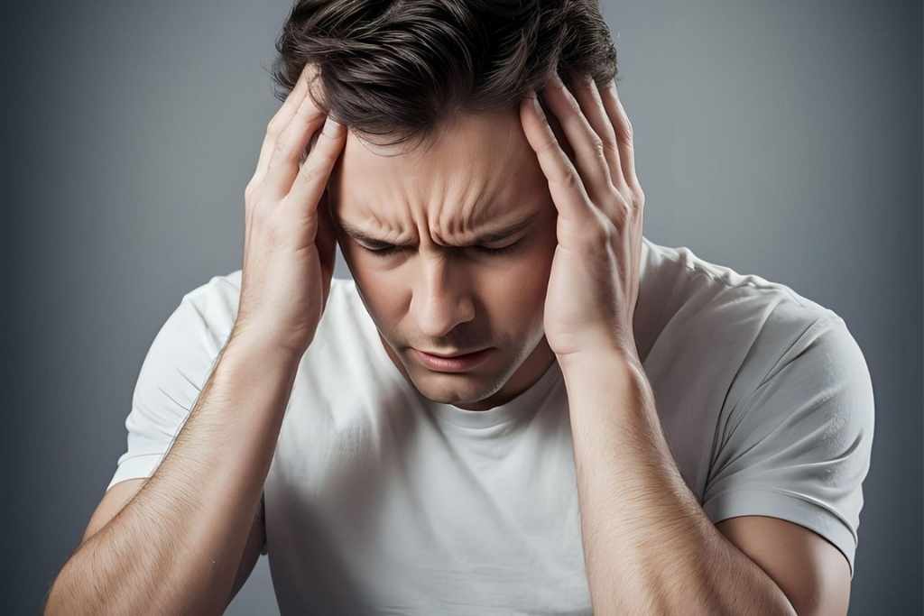 Stressed Man Holding His Head Image of a man sitting holding his temples, visibly tense—depicting stress, anxiety, or mental overload.