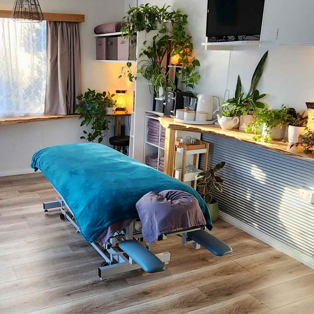 Treatment room Myotherapy area Myotherapy treatment area with professional setup for muscle and pain relief therapy