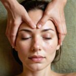 Relaxed woman receiving a face massage, melting away worries Woman with closed eyes enjoying a gentle face massage, her expression peaceful and relaxed as tension and worries fade away.