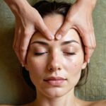 Relaxed woman receiving a face massage, melting away worries Woman with closed eyes enjoying a gentle face massage, her expression peaceful and relaxed as tension and worries fade away.