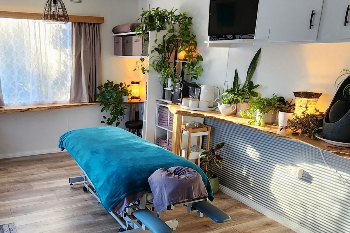 Treatment room Myotherapy area Myotherapy treatment area with professional setup for muscle and pain relief therapy