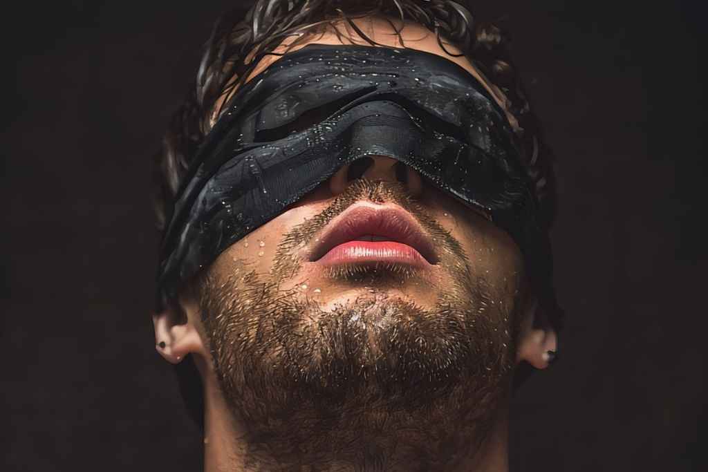 Man wearing a black blindfold, turning away as a metaphor for avoidance. Avoiding problems, emotions, and life’s challenges