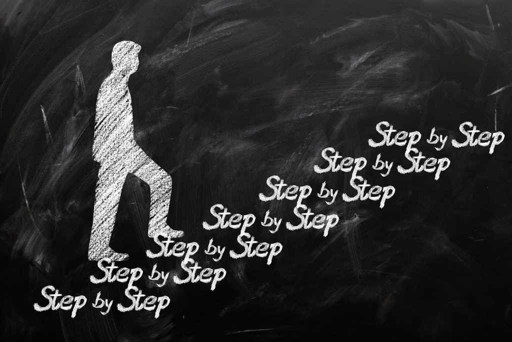 Progress over perfection. Illustration of man climbing steps labeled “step by step” to represent progress over perfection Chalk drawing of a man ascending stairs labeled “step by step,” symbolising how steady progress leads to success over perfectionism