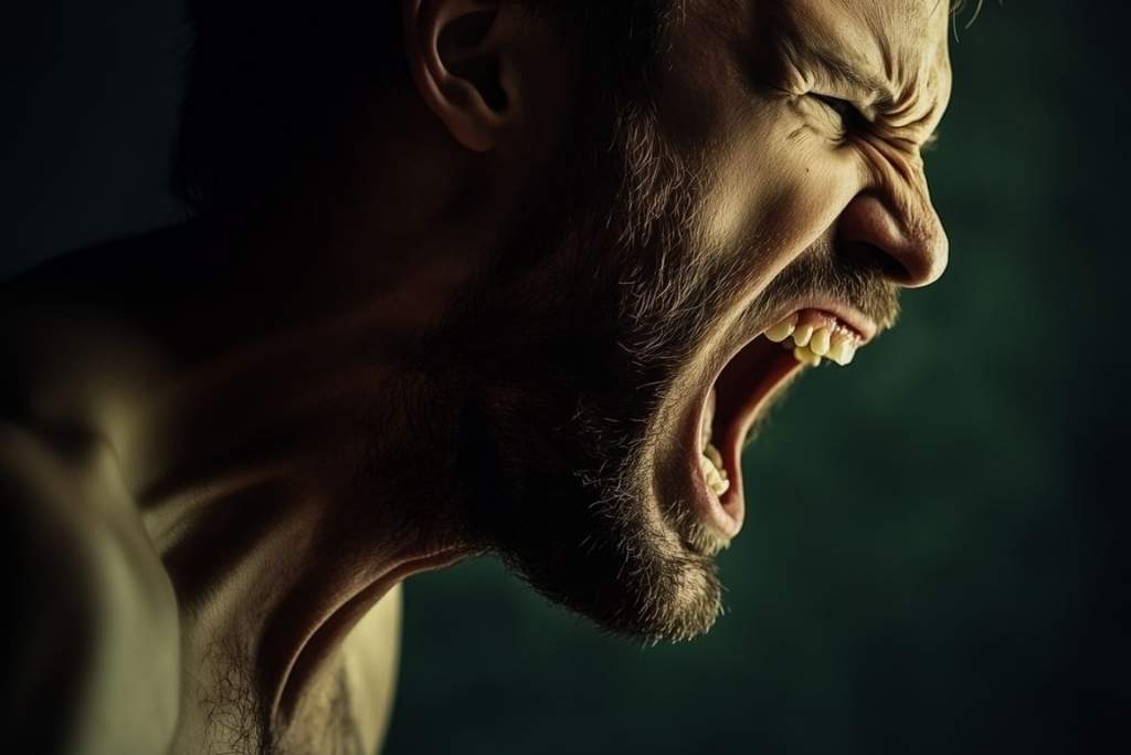 A symbolic image representing the emotion of anger—man’s emotional expression of screaming in rage.
